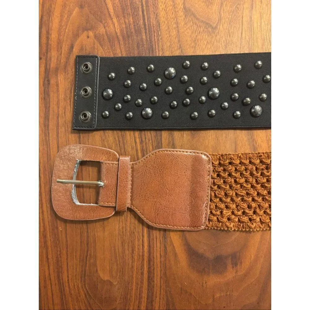 Lot of 2 Womens Black Brown Leather Woven Studded Wide Elastic Belt Small/Medium
